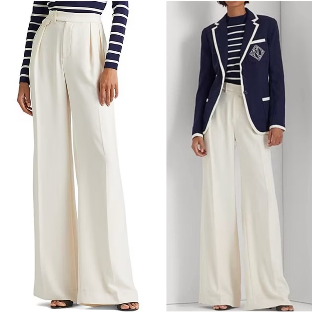 PLUS Ralph Lauren NWT Pleated Georgette Wide Leg Pants In Cream Size 22W